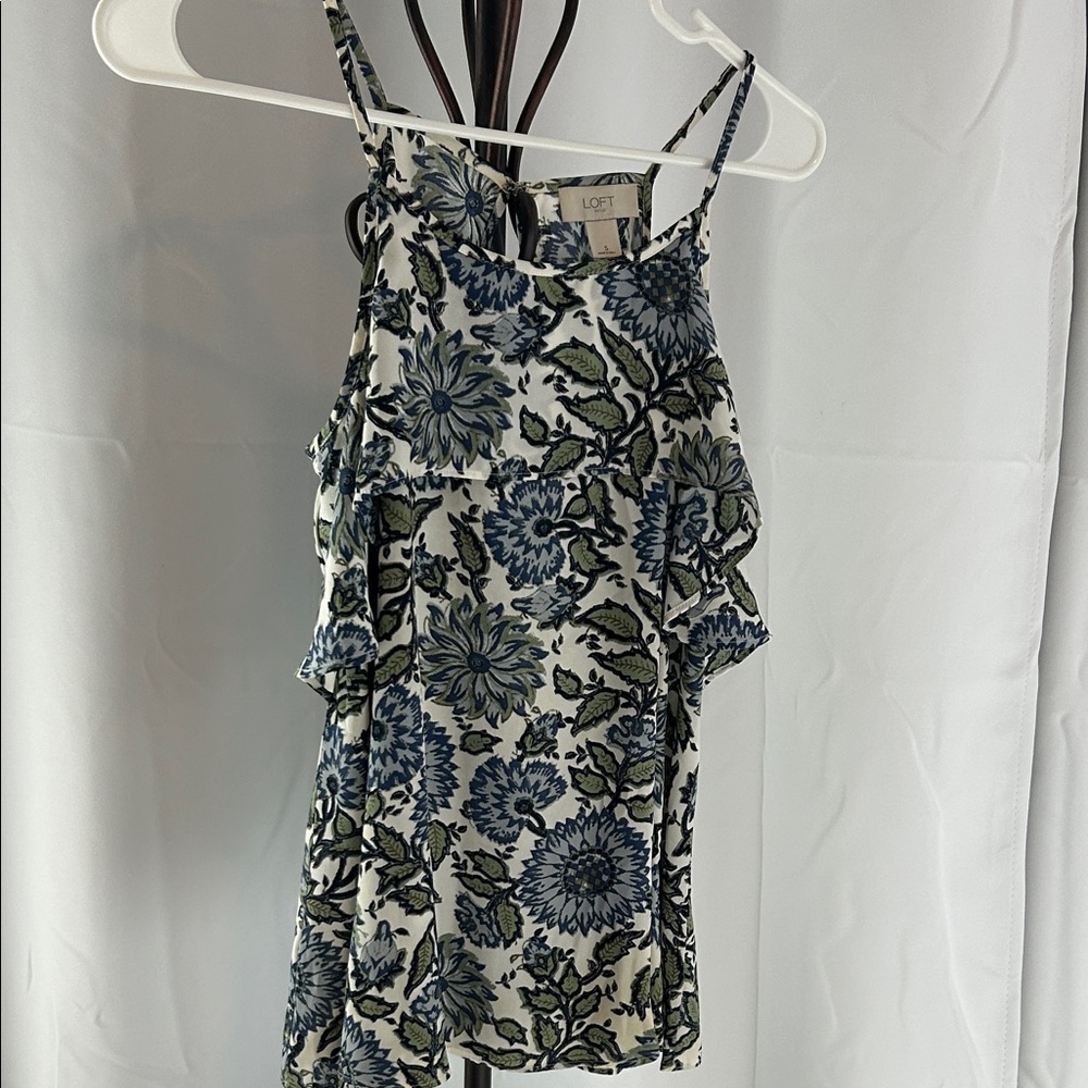 LOFT White Floral Ruffle Sundress with Blue and Green Print
